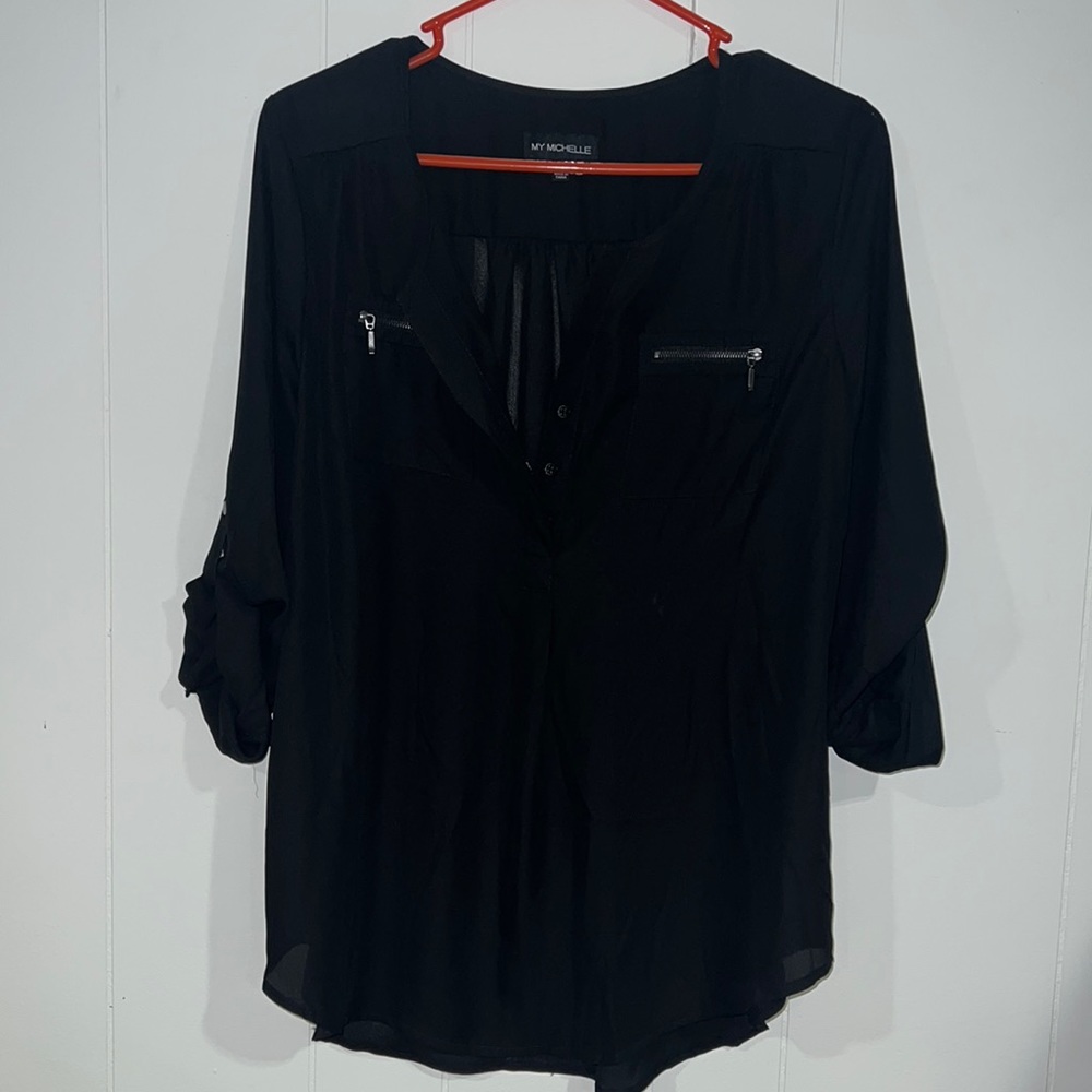 Black quarter button down blouse.